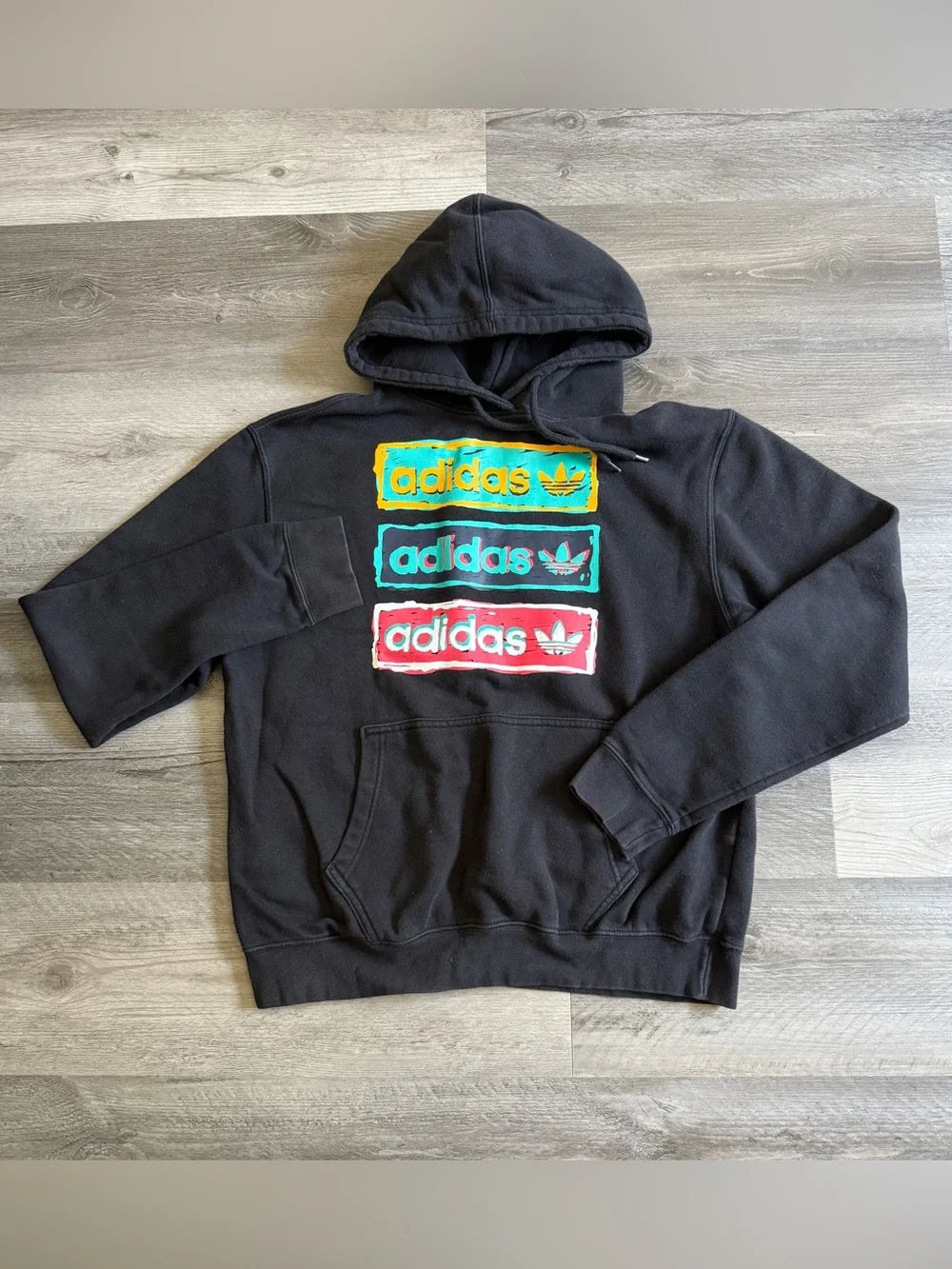 Adidas Black Tri Linear Hoodie Yellow Teal Red Logo Blocks